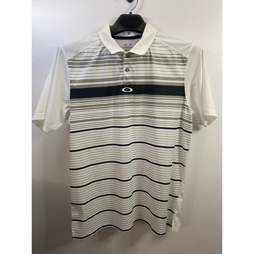 Oakley Men's Regular Fit Golf Polo Shirt White Gray Stripe Logo L/G
